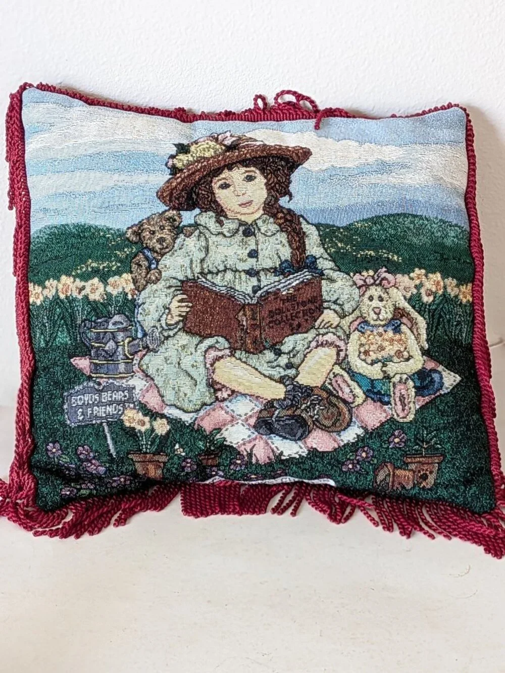 Vintage Tapestry Pillow Boyds Bears Friends Yesterday Chill Red Velvet Fringe